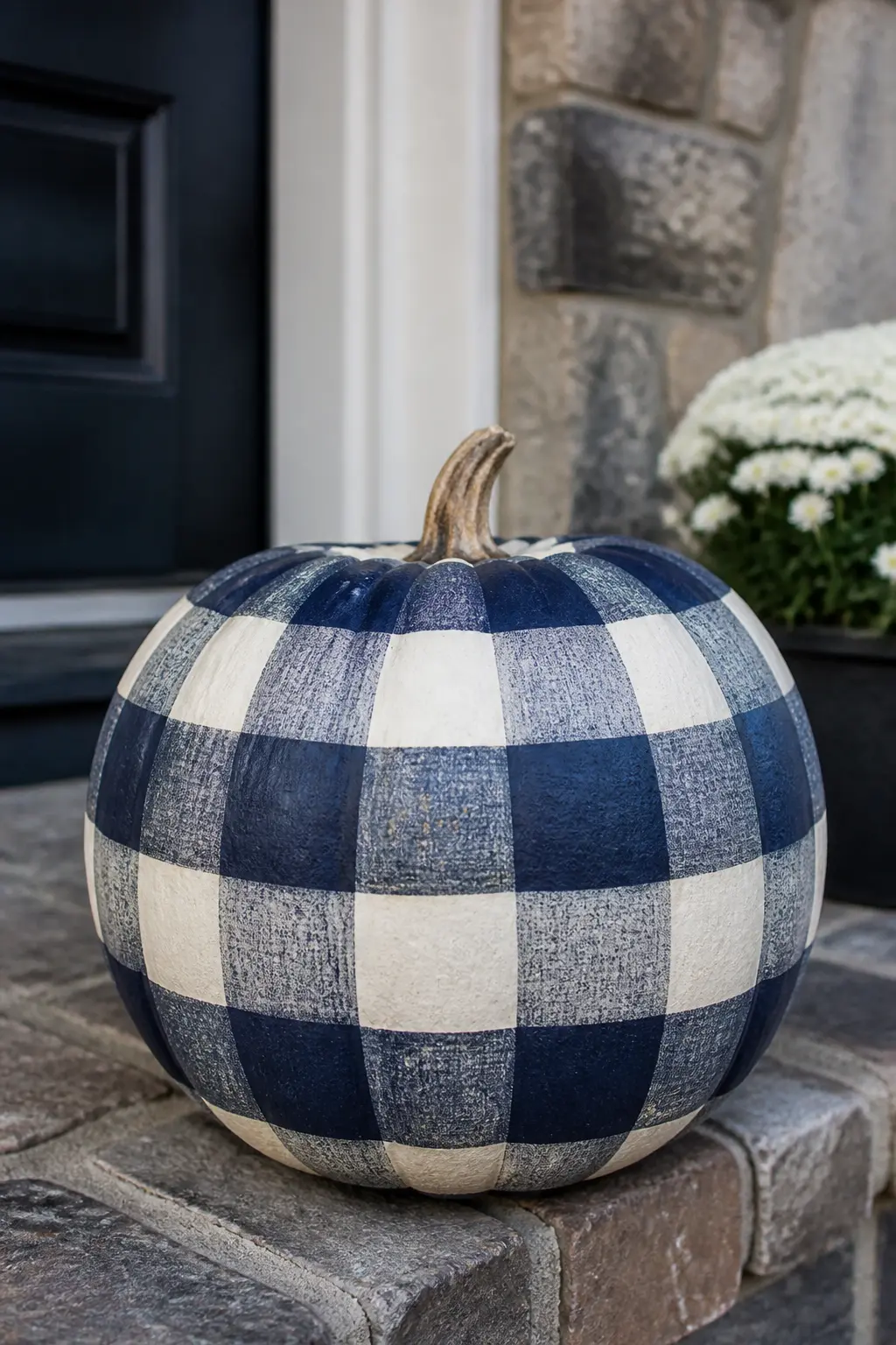 Navy and Cream Buffalo Check on a Cream Pumpkin — Navy pulls the buffalo check palette away from autumn and toward a more year-round nautical-adjacent feel.