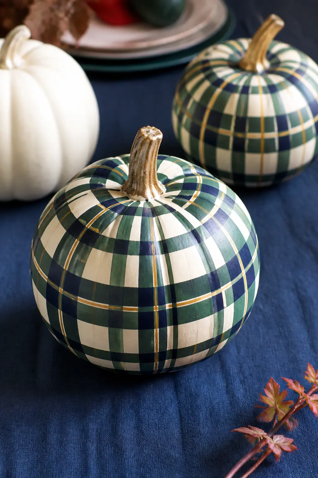 Navy and Green Tartan With a Thin Yellow Line on a Cream Pumpkin — Navy and hunter green tartan is a traditional Scottish clan pattern translated onto a