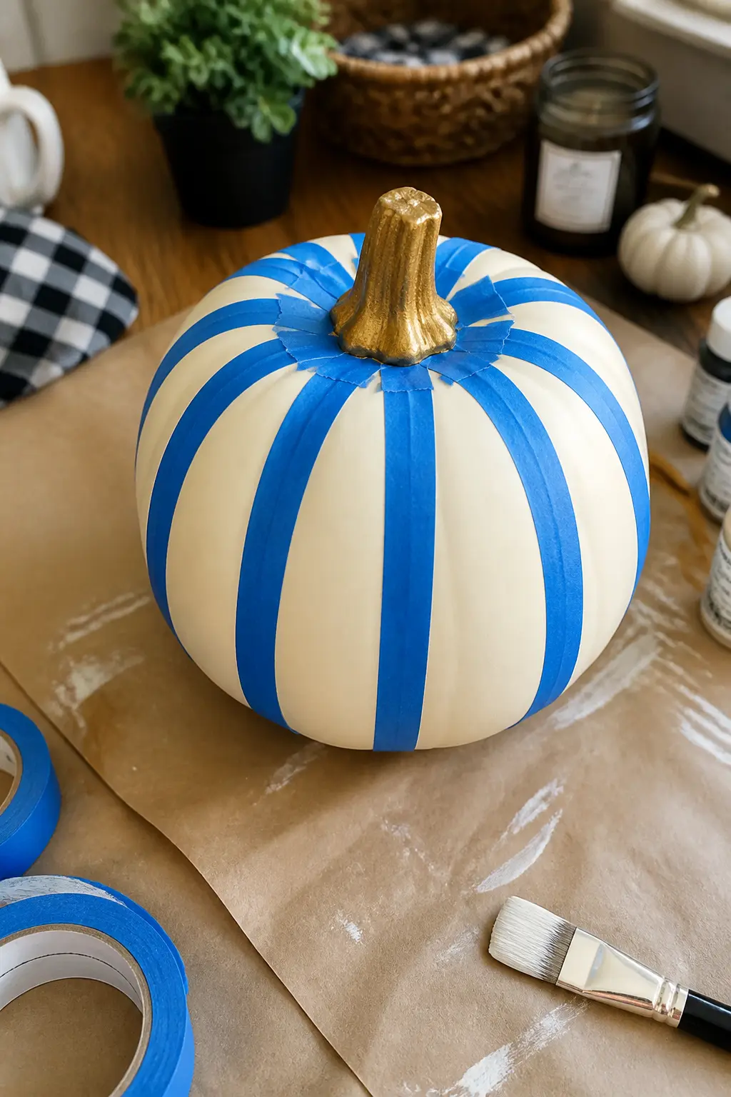 Paint the Base Colour First, Then Tape Over It for the Stripes — A solid, even base coat is the foundation every plaid sits on. Plaid painted pumpkin