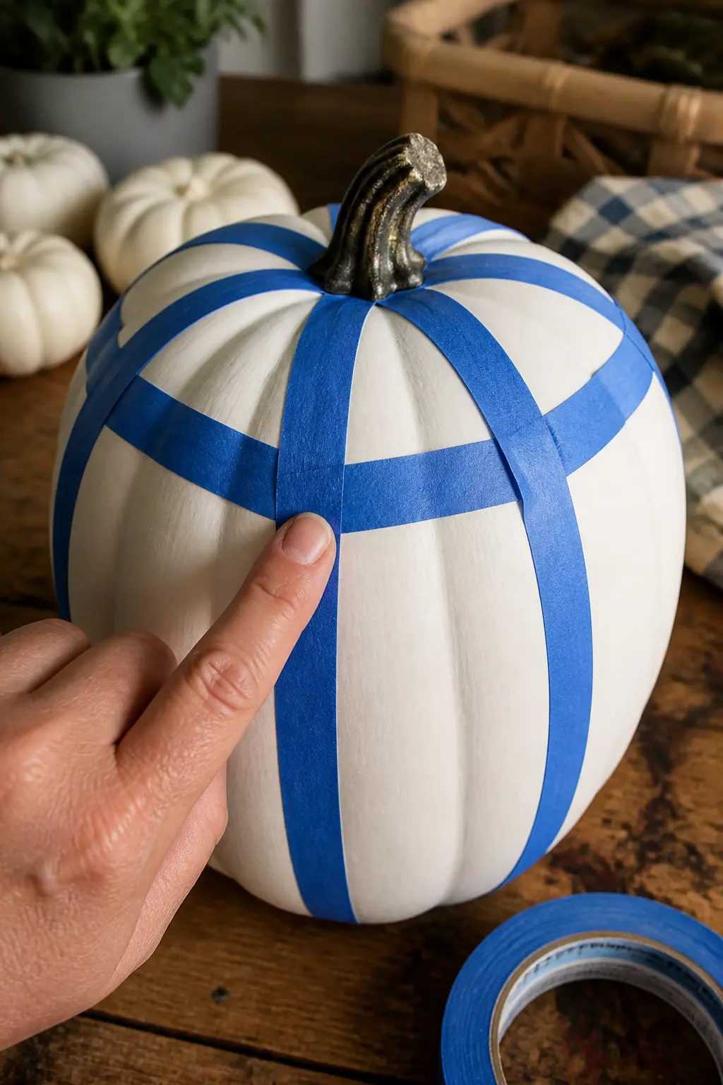 Press the Tape Hard Into Every Ridge Before You Paint — The ridges of a pumpkin are where plaid paint jobs fail. Plaid painted pumpkin