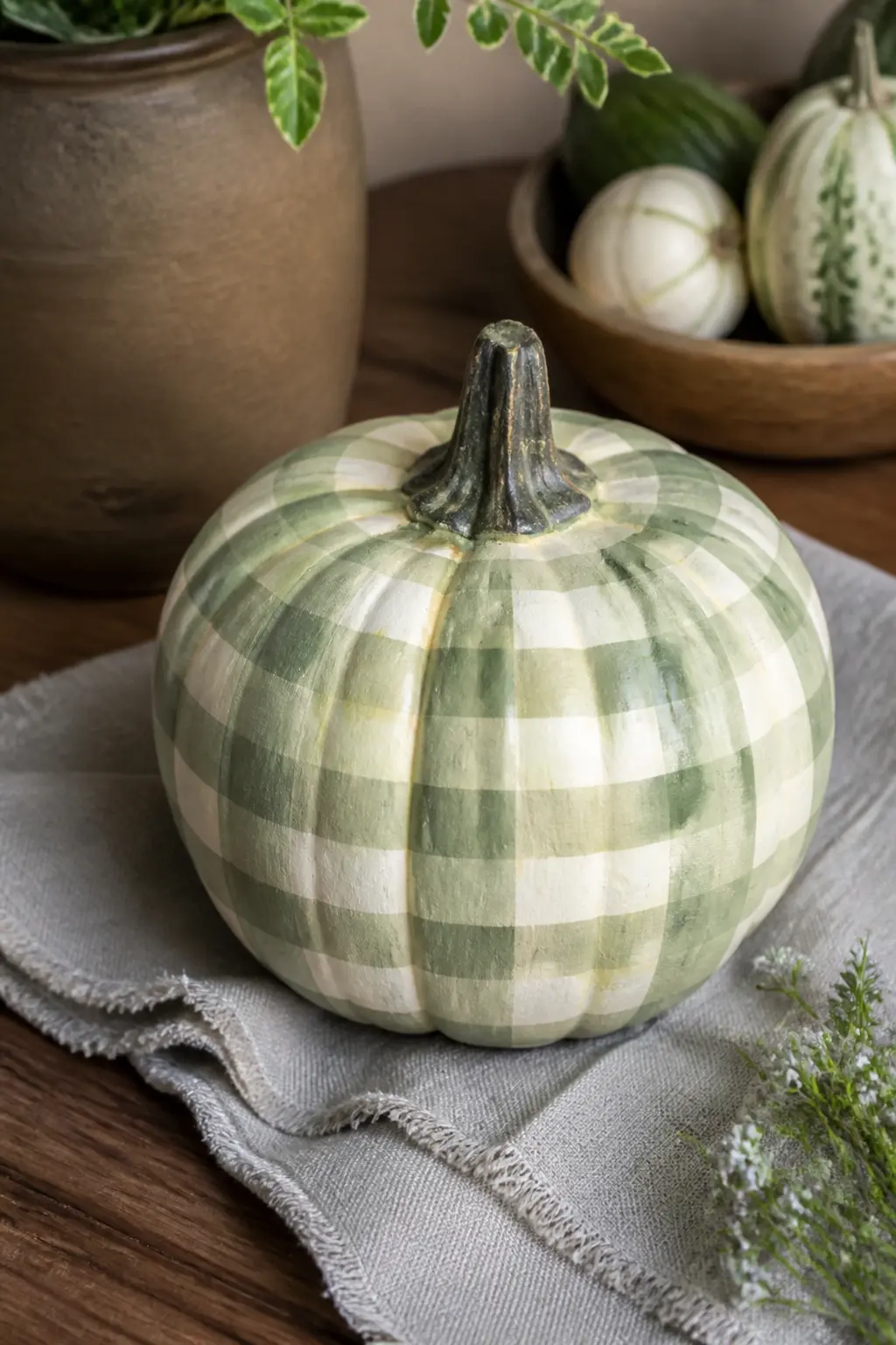 Sage and Cream Buffalo Check on a Cream Pumpkin — Sage green on cream is the quietest buffalo check in this list. Plaid painted pumpkin