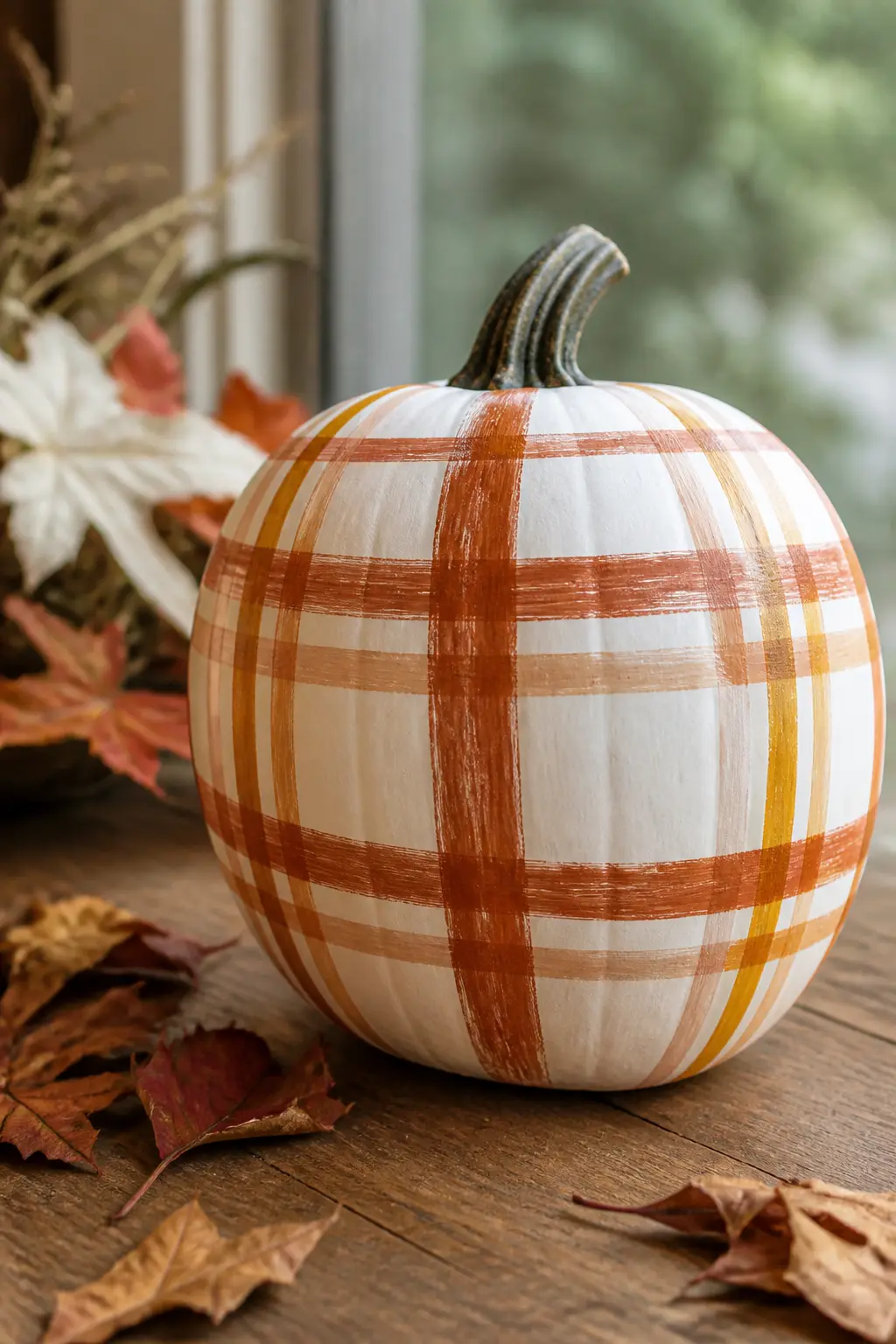 Three-Colour Tartan in Rust, Mustard and Cream on a White Pumpkin — This is the starter tartan. Plaid painted pumpkin