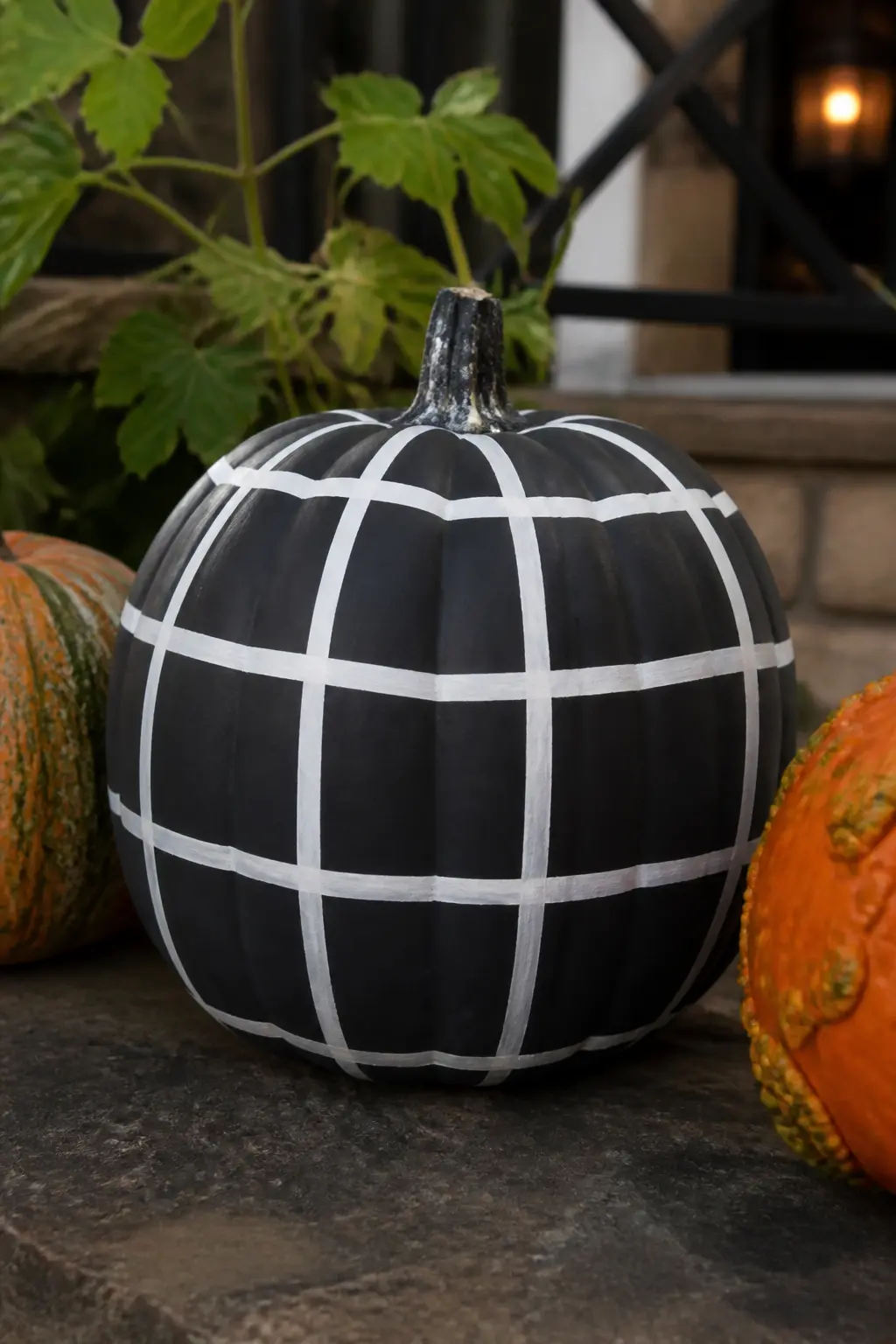 White Windowpane Grid on a Black Pumpkin — Black base, white lines, wide spacing. Plaid painted pumpkin