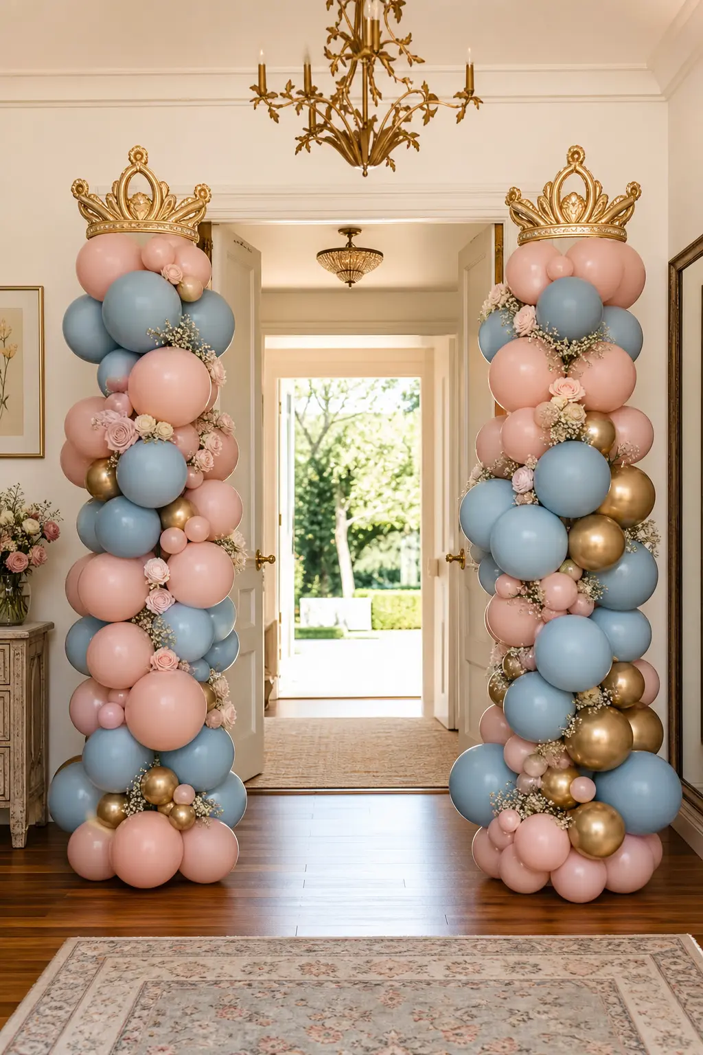 Blush and Blue Balloon Entrance Columns — A pair of tall balloon columns in blush, dusty blue and gold flanking the entrance gives arriving guests an obvious