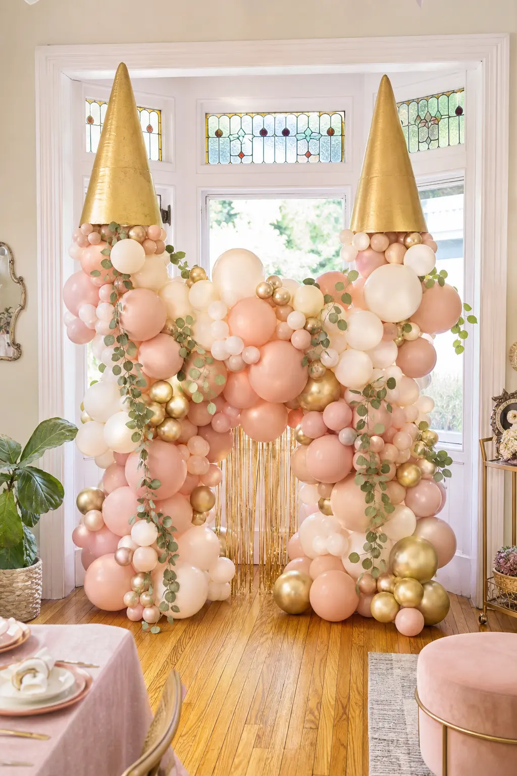 Blush and Gold Balloon Castle — A balloon castle reads as the biggest, most photogenic thing in the room without a single flower or fabric yard needed.