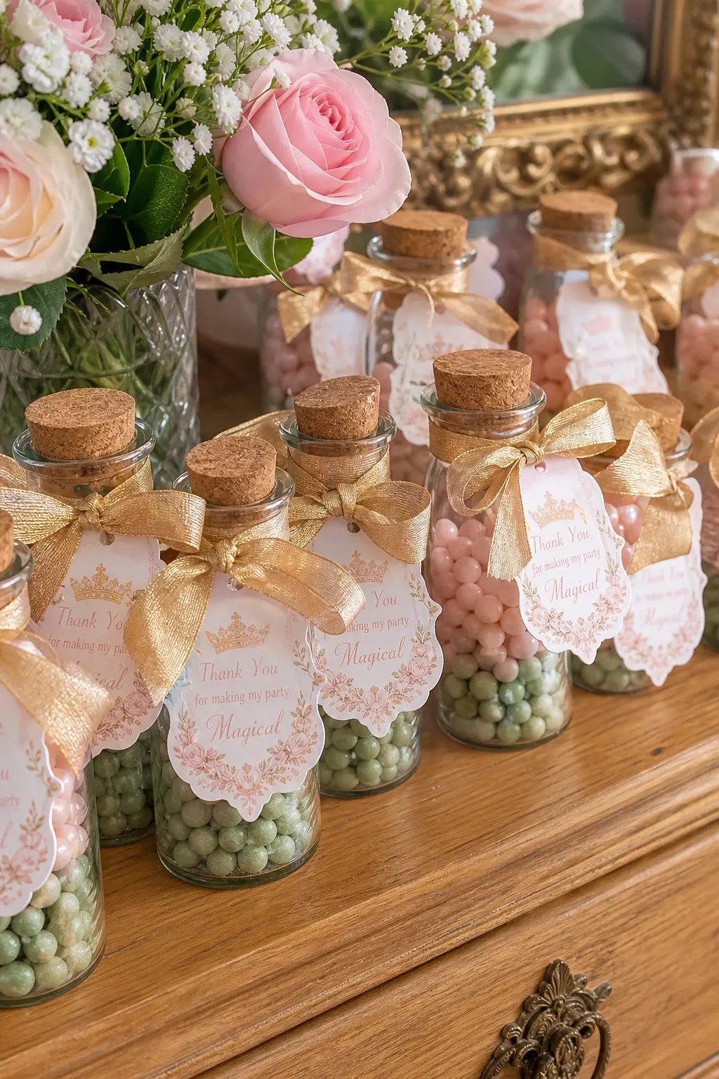 Bottled Potion Favor Bags — Small glass jars filled with layered blush and sage candy, tied with gold ribbon and a small paper tag, make a favor that looks
