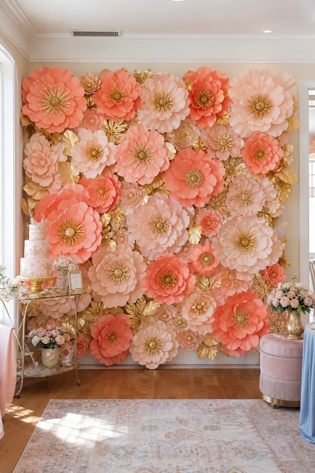 Coral Paper Flower Wall — Giant paper flowers cover a wall edge to edge in coral, blush and gold, giving a bold backdrop that costs almost nothing in