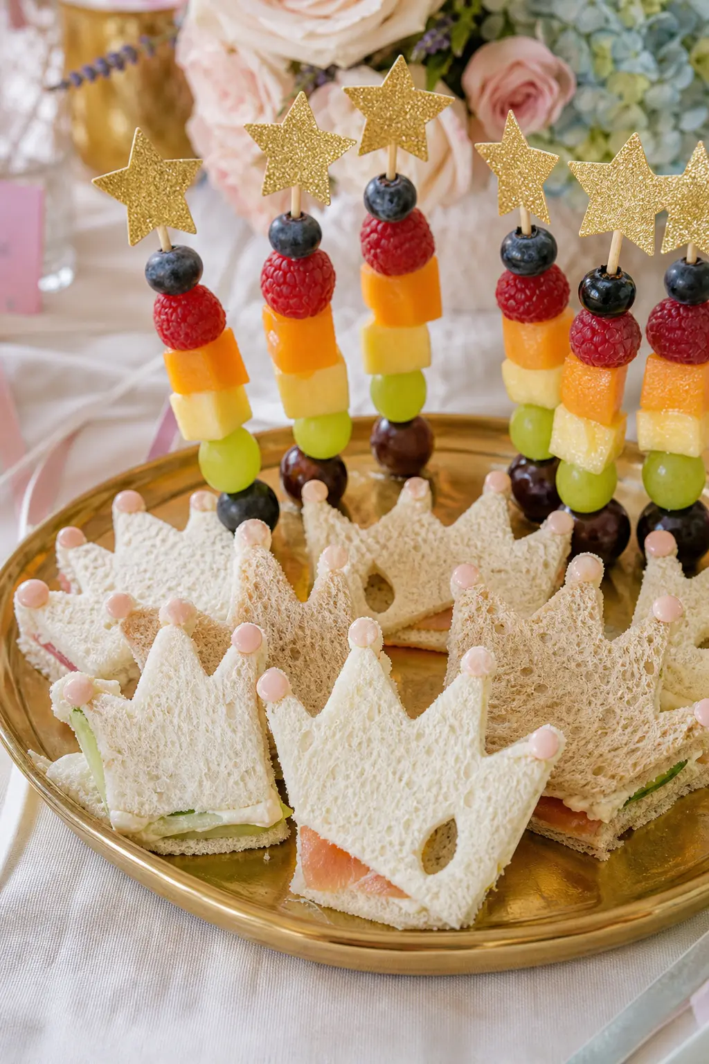 Crown Sandwich and Fruit Wand Platter — Mini sandwiches cut into crown shapes with a cookie cutter, paired with rainbow fruit skewers standing upright like