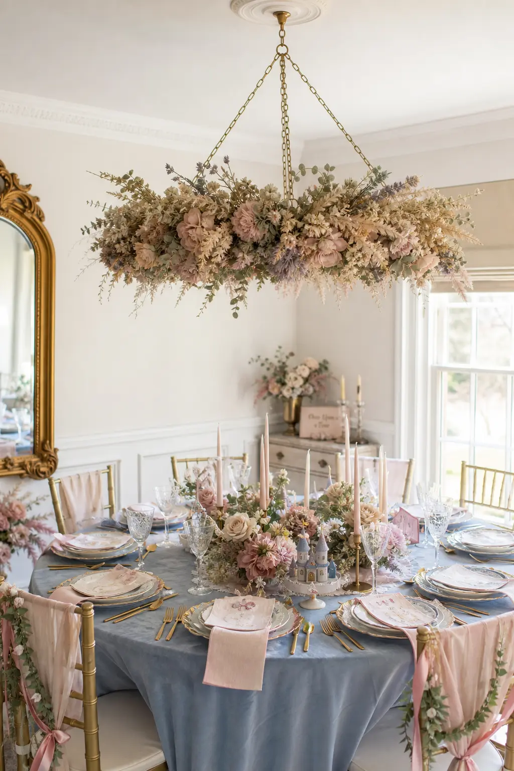 Dried Flower Chandelier Over the Table — A round dried flower chandelier in blush, sage and cream hung above the dining table gives the room a soft ceiling