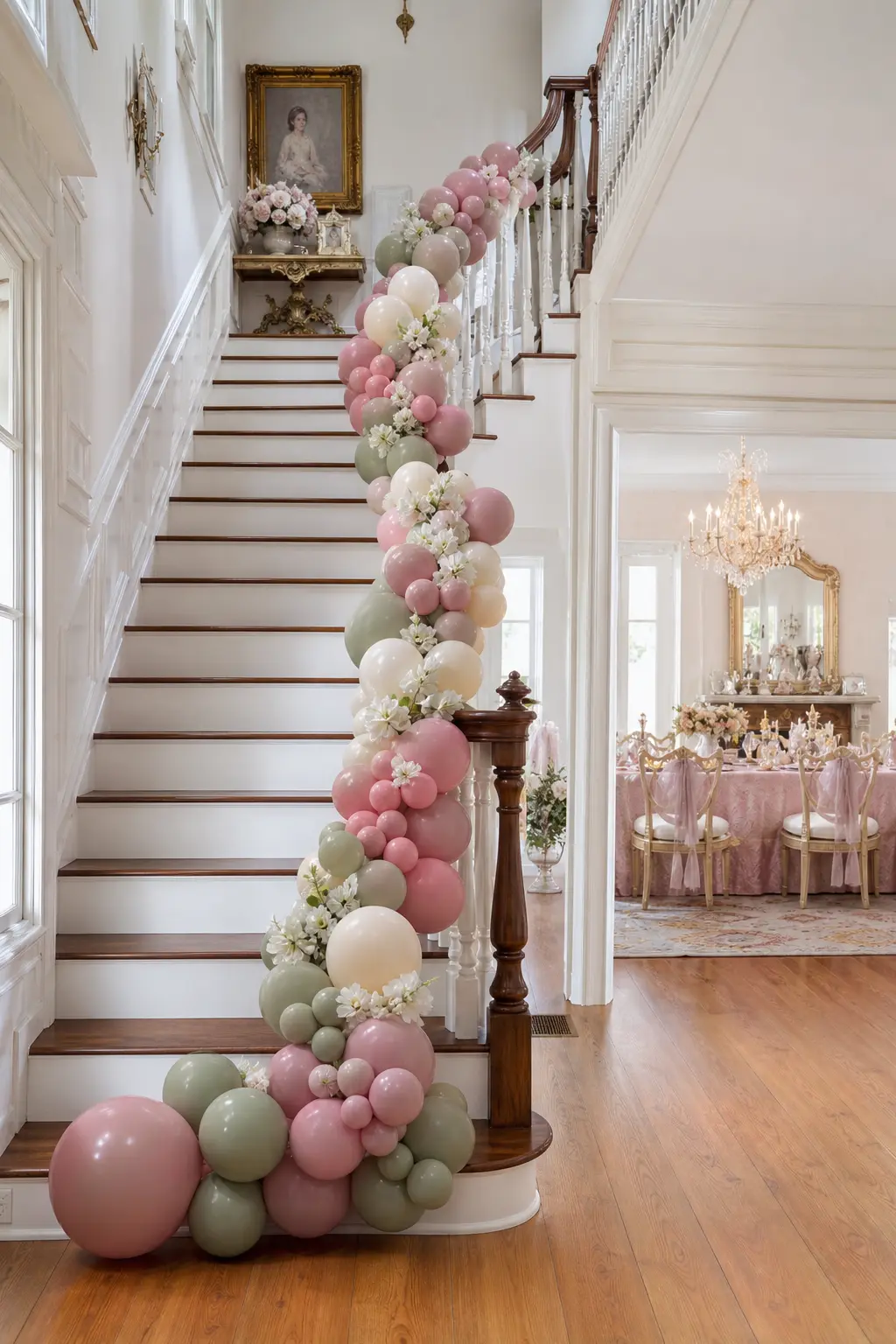 Dusty Rose Staircase Balloon Garland — An organic balloon garland in dusty rose, ivory and sage trailing down a staircase banister uses a part of the house