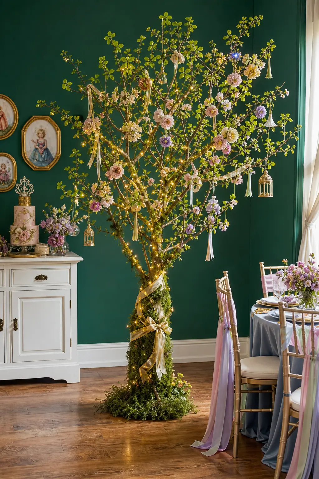 Emerald Woodland Tree Centerpiece — For a party that leans more enchanted forest than ballroom, a single potted tree wrapped in moss and fairy lights becomes