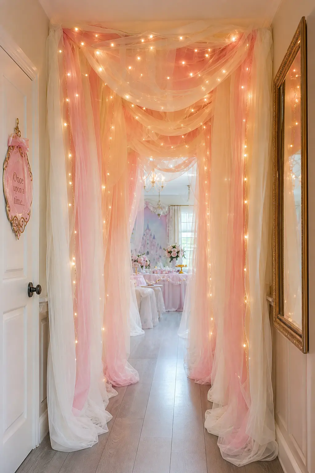 Fairy-Lit Tulle Tunnel Entrance — Hanging layers of ivory and pale pink tulle down a hallway, threaded with warm fairy lights, turns a plain entrance into a