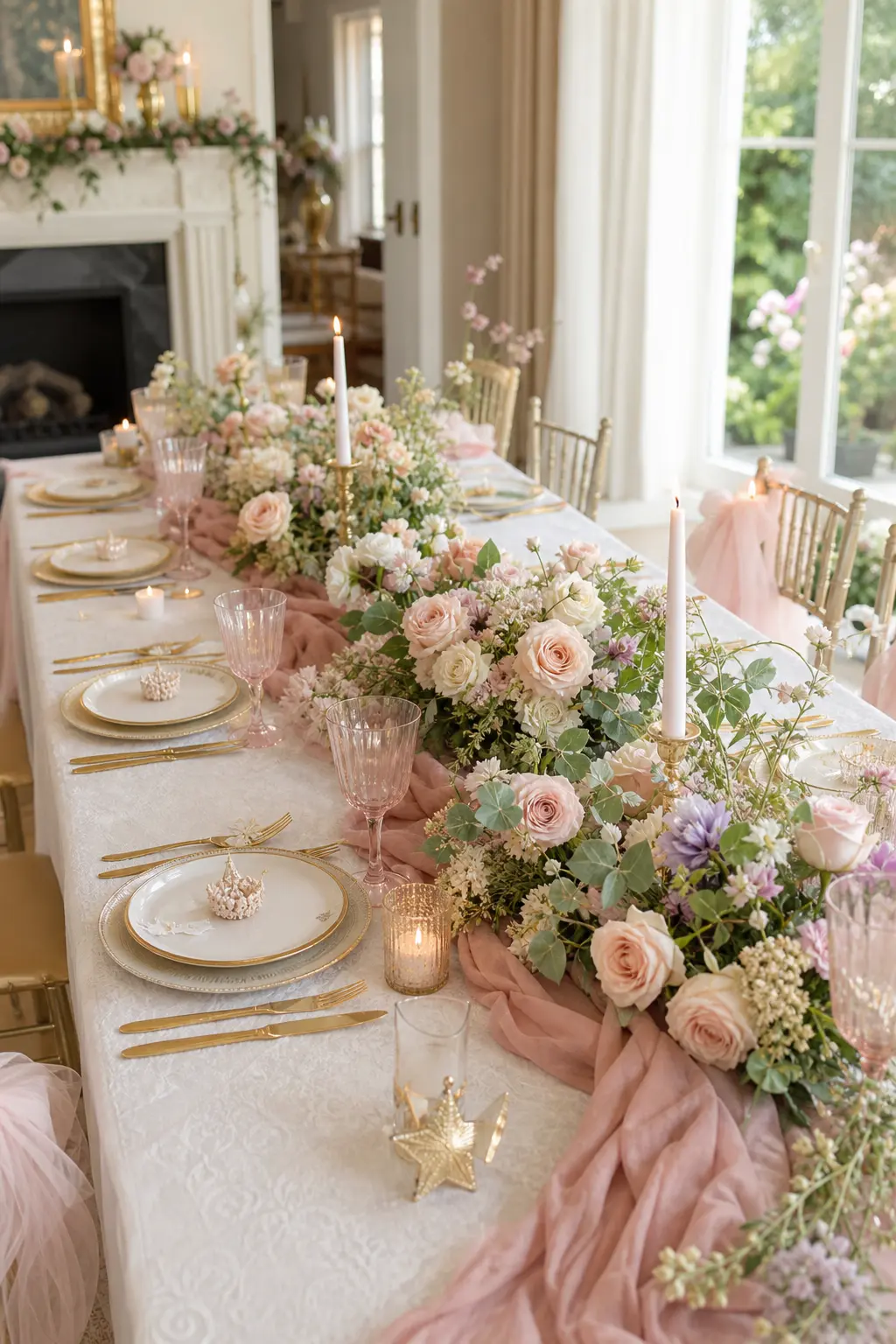 Floral Garland Table Runner with Fabric Drape — A dusty rose fabric drape laid down the table with a loose garland of fresh blush and sage flowers on top gives