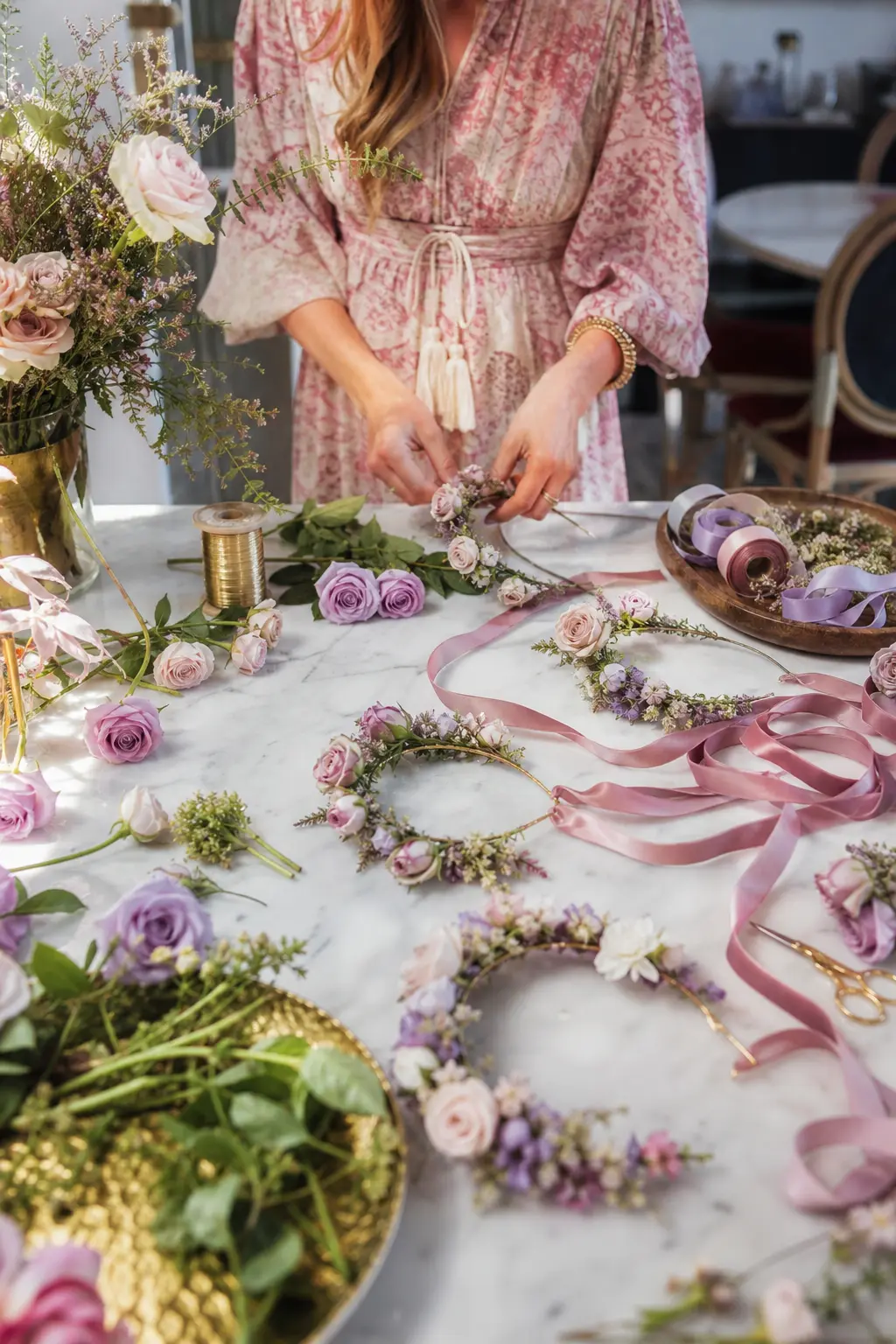 Flower Crown Making Station — A table spread with loose blush and lilac blooms, ribbon and a soft wire base lets guests build a flower crown to wear for the