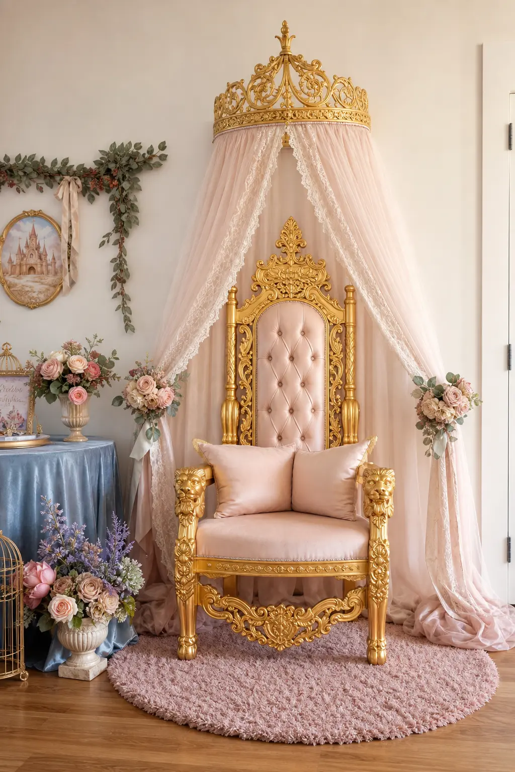 Golden Throne Chair for the Birthday Girl — An ornate gold framed armchair dressed with a blush cushion and a sheer canopy overhead marks out one clear spot in