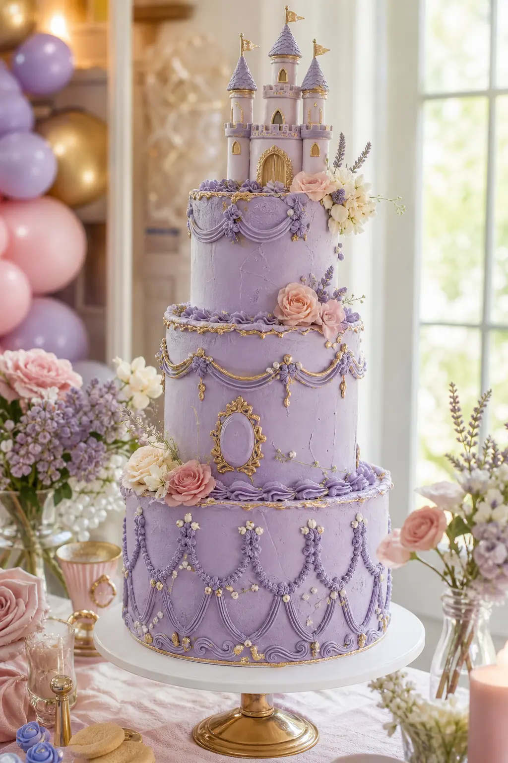 Lavender Castle Buttercream Cake — A tall three tier cake in lavender and gold, finished with textured buttercream piping and a small sugar turret on top, is