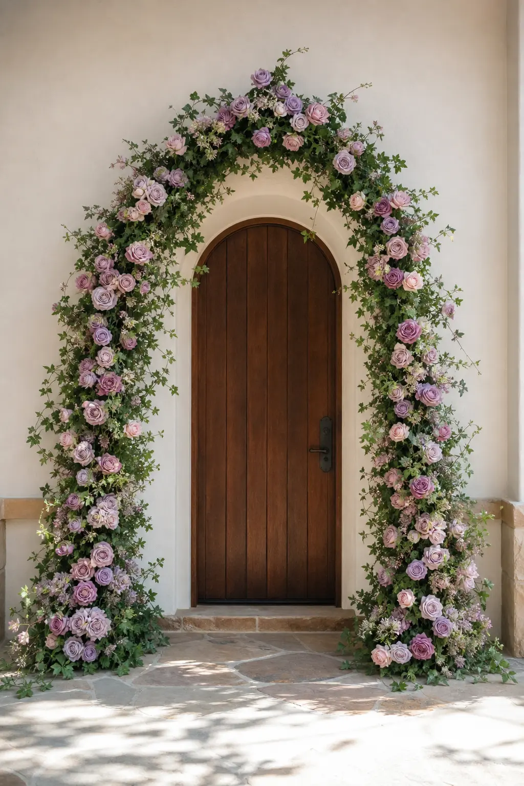 Lilac Rose and Ivy Arch — A fresh flower arch over a doorway turns an ordinary entrance into the moment every photo starts. Princess birthday party