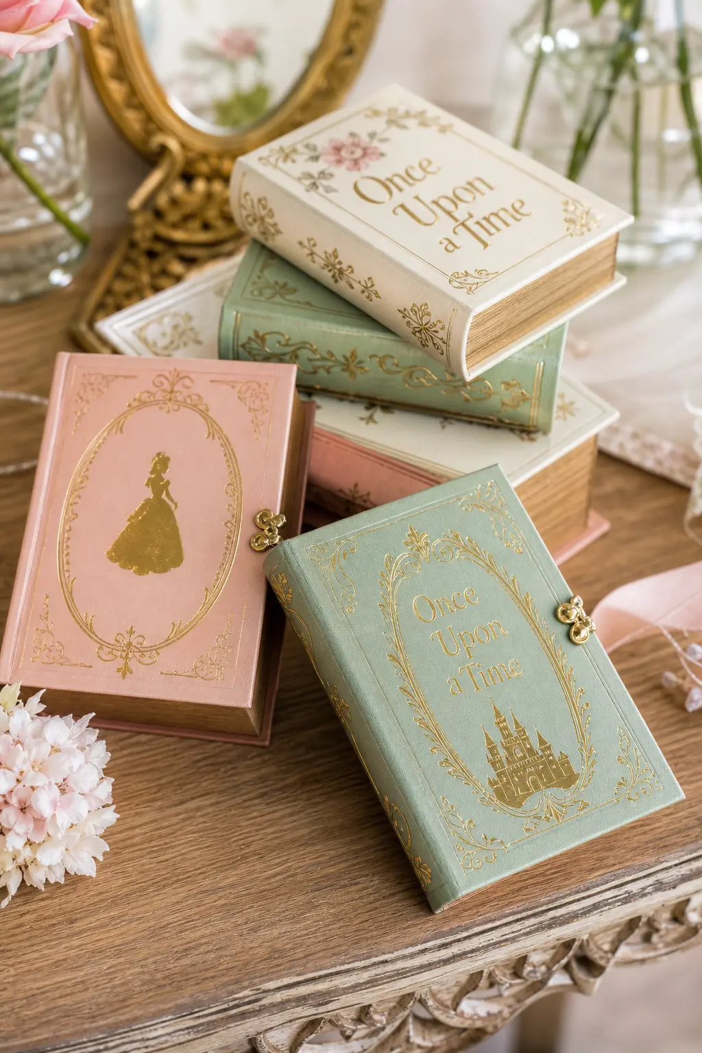 Mini Storybook Favor Boxes — A stack of small favor boxes shaped like miniature storybooks in sage, blush and gold keeps the fairytale idea running right
