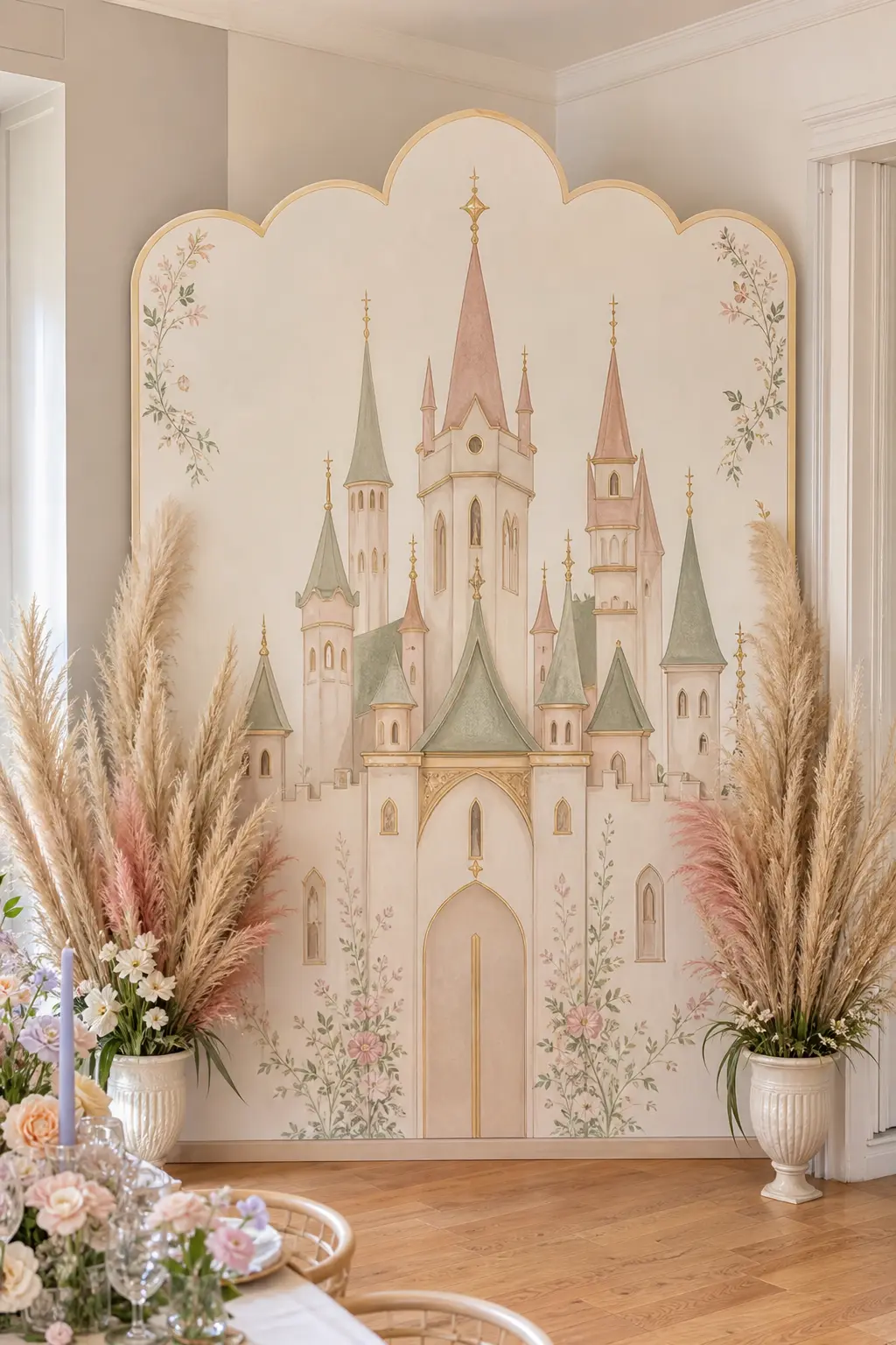 Painted Castle Mural Flat with Pampas — A flat painted panel showing a soft sage, blush and gold castle silhouette gives a whimsical backdrop with none of the