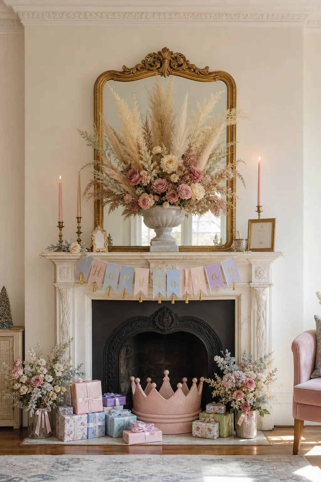 Pampas and Rose Urn Mantel Arrangement — A stone urn on the mantel filled with tall pampas grass and dusty rose dried roses gives a room with a fireplace an