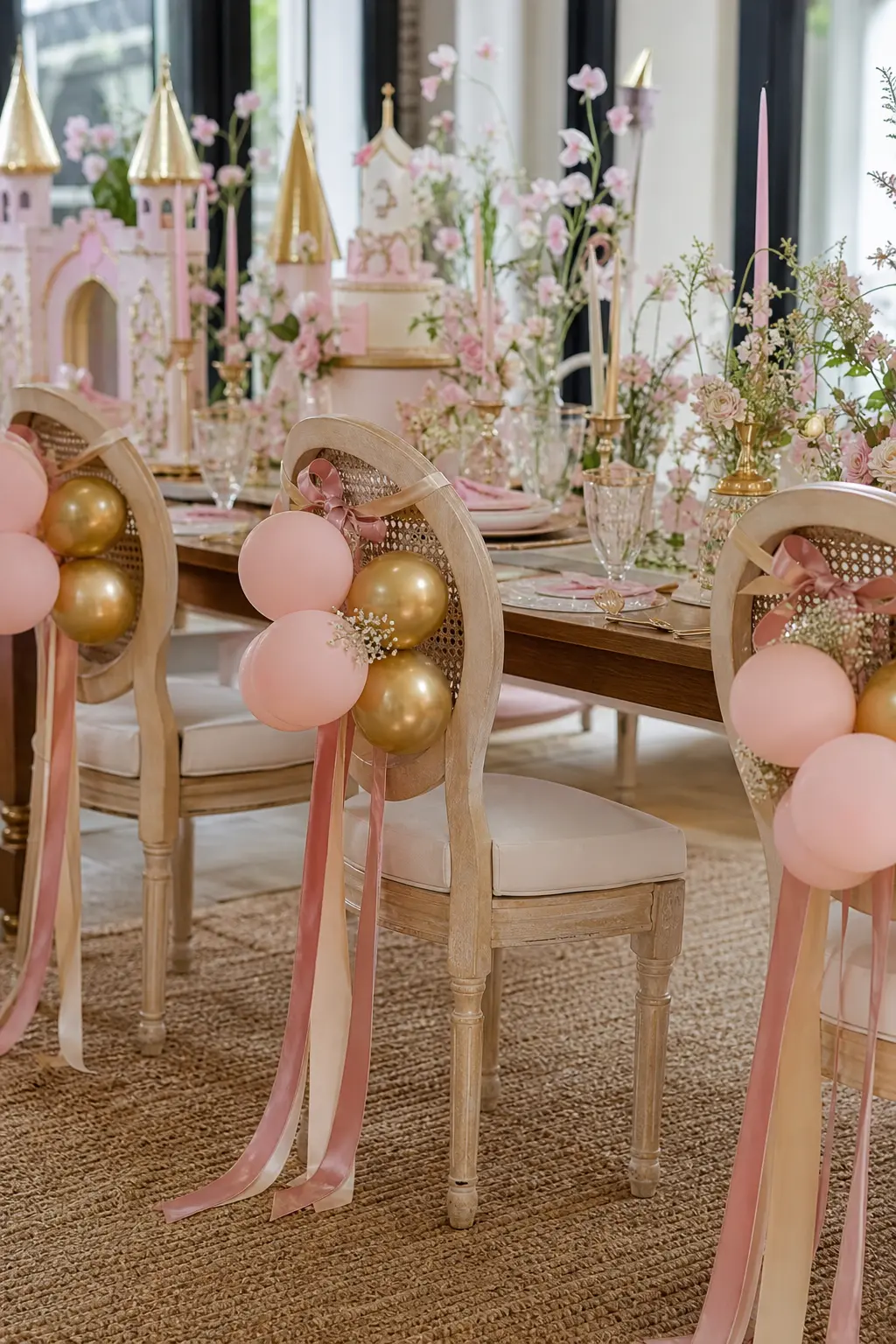 Ribbon-Tied Balloon Chair Bouquets — Small clusters of blush and gold balloons tied with long satin ribbon to the back of each chair mark out the birthday