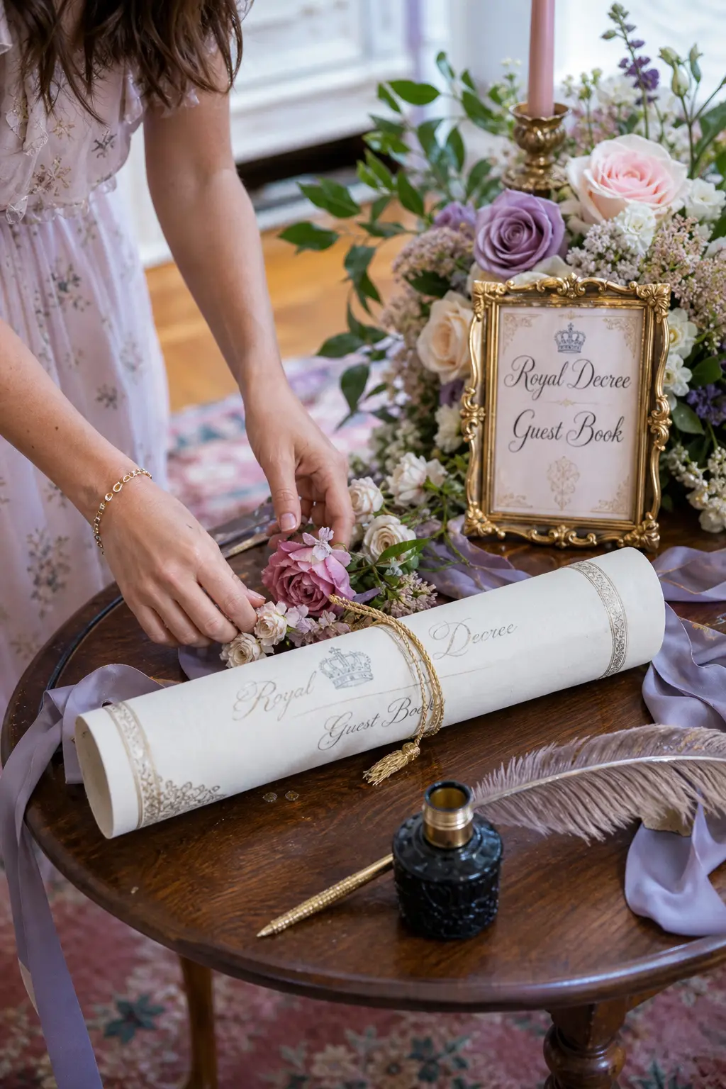Royal Decree Guest Book Scroll Table — A small side table holding a rolled parchment scroll, a quill pen and a pot of ink gives guests a place to leave a