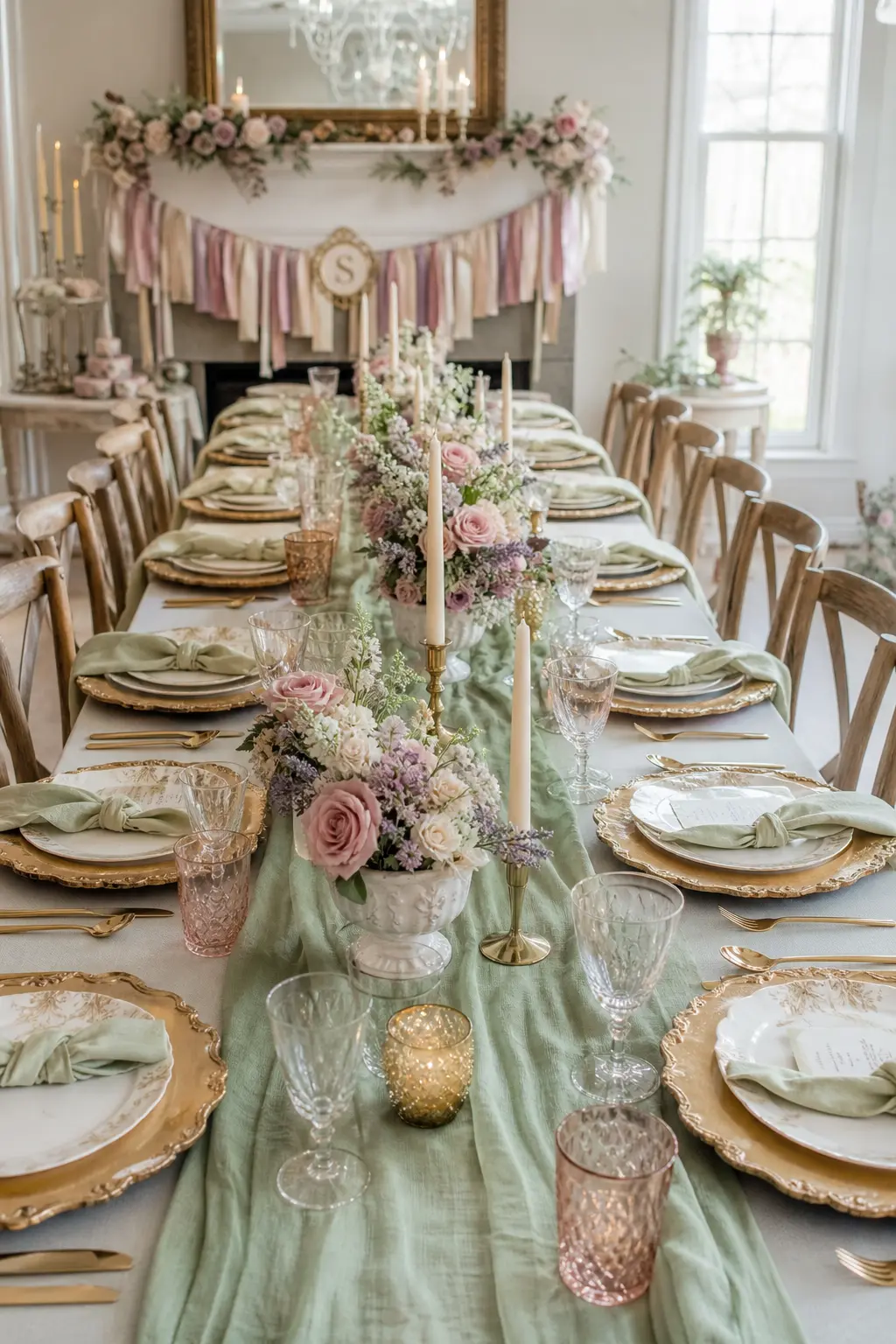 Sage and Gold Table Runner Setting — A sage green runner down the center of the table with gold charger plates and ivory taper candles gives the whole spread a