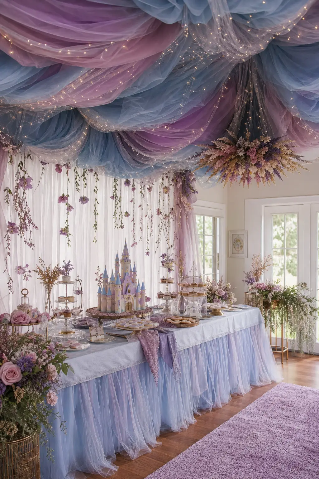 Sky Cloud Canopy Over the Dessert Table — A soft tulle canopy hung directly above the dessert table gives the whole zone a ceiling without needing to touch the