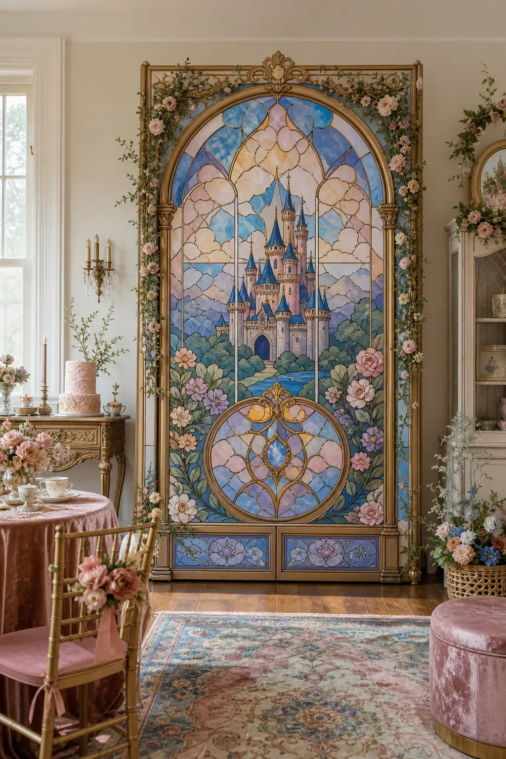 Stained-Glass Storybook Window Backdrop — A tall painted panel styled as a stained glass storybook window gives the photo corner its own quiet drama, no
