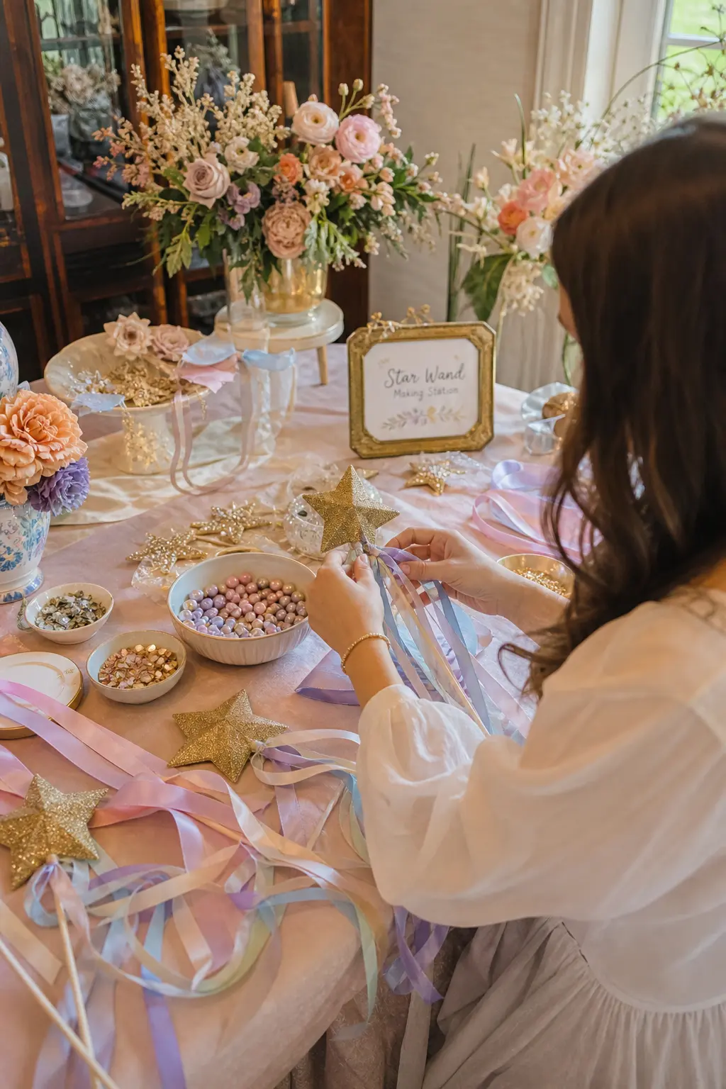 Star Wand Making Station — A craft table stocked with gold glitter star cutouts, wooden dowels, ribbon tails and small bowls of gems and beads lets each guest