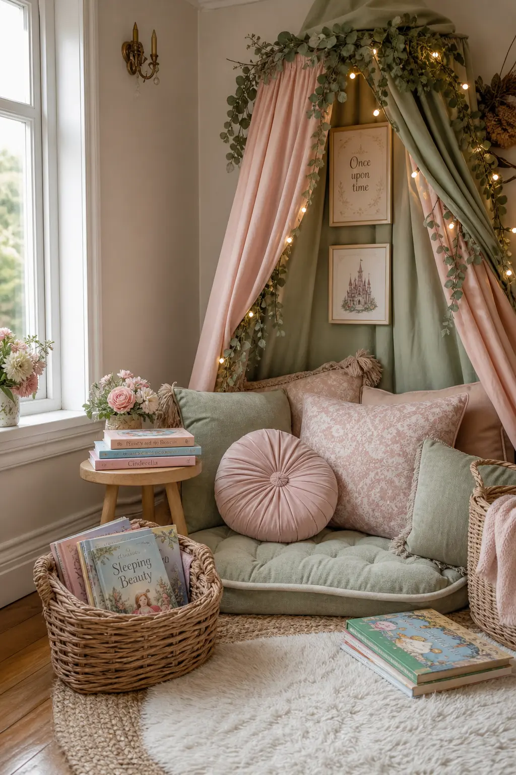Storybook Reading Nook Corner — A low cushioned bench in sage and blush with a small stack of storybooks and a fairy light strand gives quieter guests, and