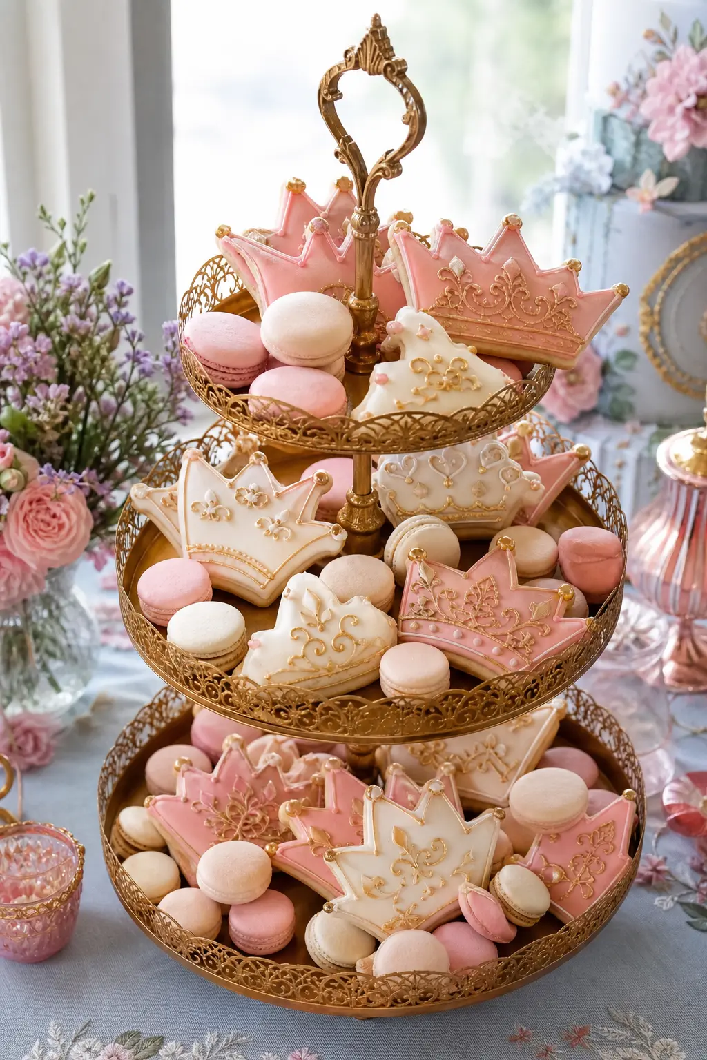 Tiered Crown Cookie and Macaron Stand — A gold tiered stand holding crown shaped cookies and pastel macarons in blush and ivory does more for the table than