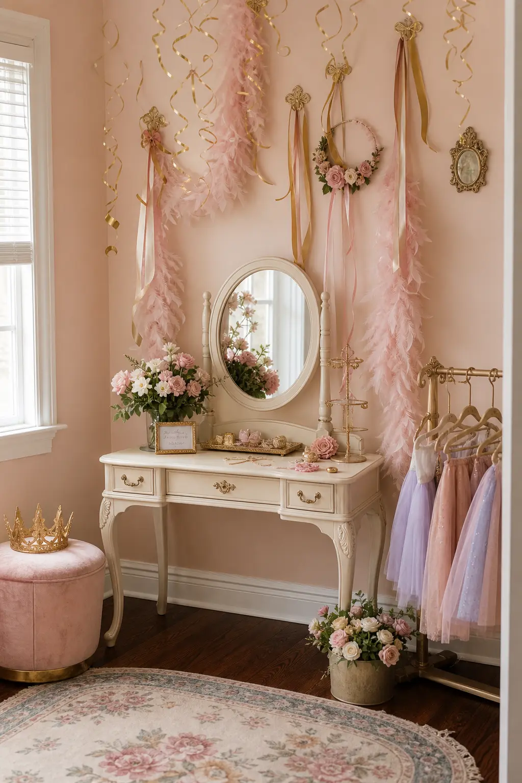 Vanity Dress-Up Nook — A small corner set up as a vanity, complete with a round mirror, blush feather boas and gold ribbon streamers, doubles as both a photo