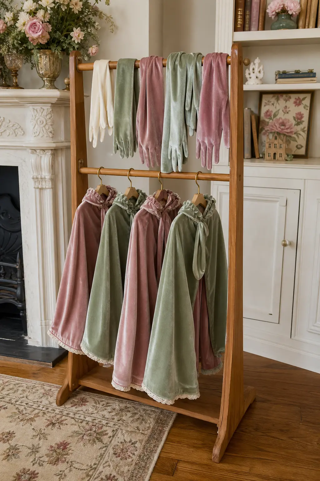 Velvet Cape and Glove Dress-Up Rack — A small wooden rack hung with dusty rose and sage velvet capes and a few pairs of satin gloves lets every guest dress