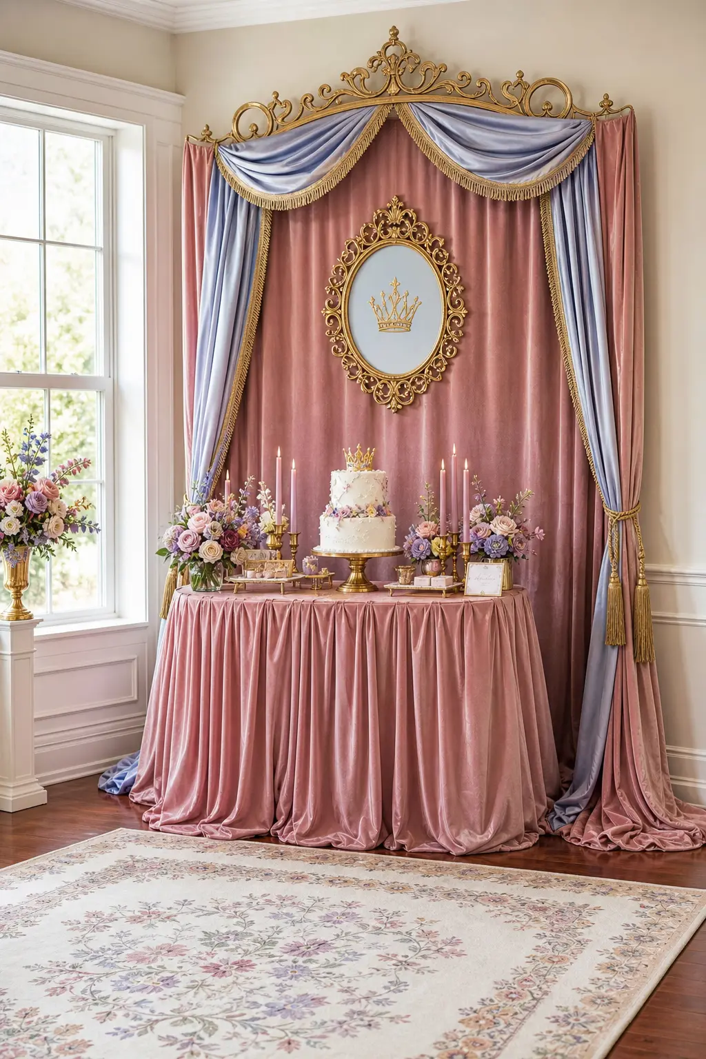 Velvet Throne Stage for the Cake Table — Instead of balloons or flowers, a draped velvet backdrop in dusty rose with gold trim gives the cake table a stage of