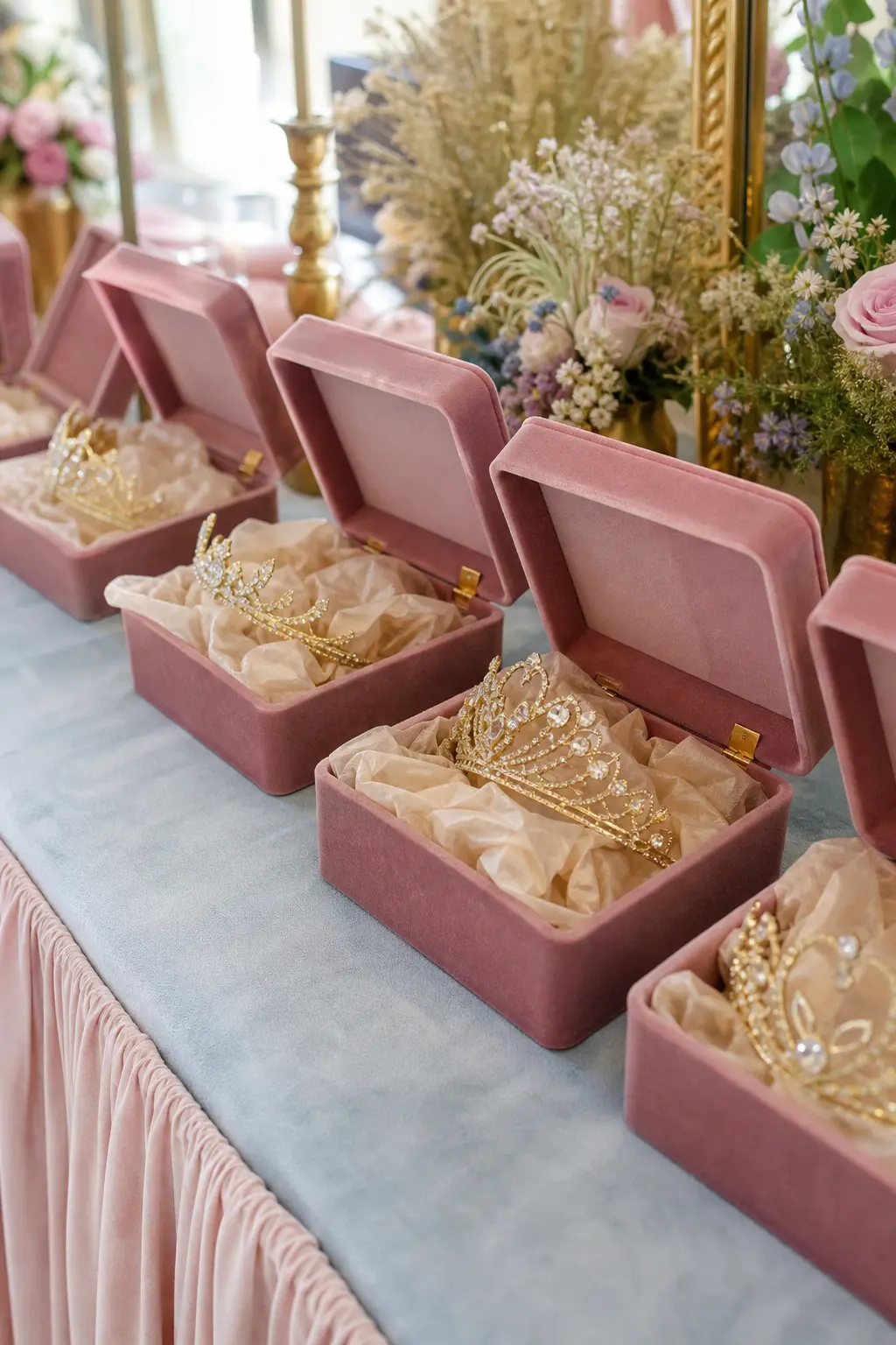 Velvet Tiara Keepsake Boxes — A small dusty rose velvet box with a simple gold tiara nestled inside on cream tissue turns a common favor into something a guest