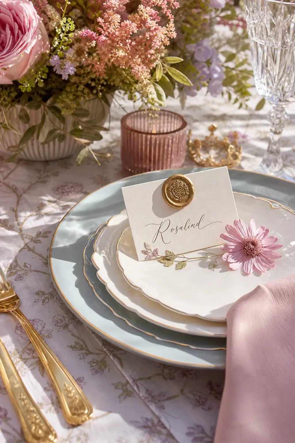 Wax-Seal Place Card Setting — A single place card in ivory card stock with a gold wax seal and a pressed pink flower resting beside the plate gives each guest
