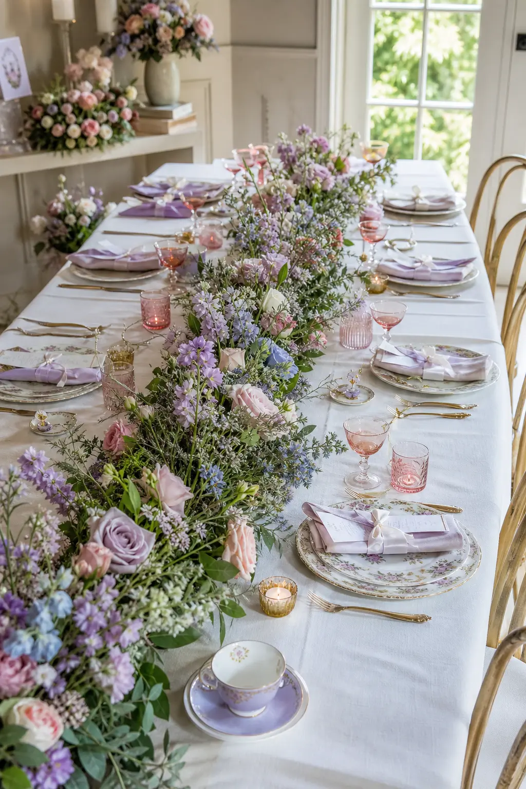 Wildflower Table Runner Garland — A loose wildflower garland in lilac, blush and sage running along the center of a linen covered table gives a softer, more