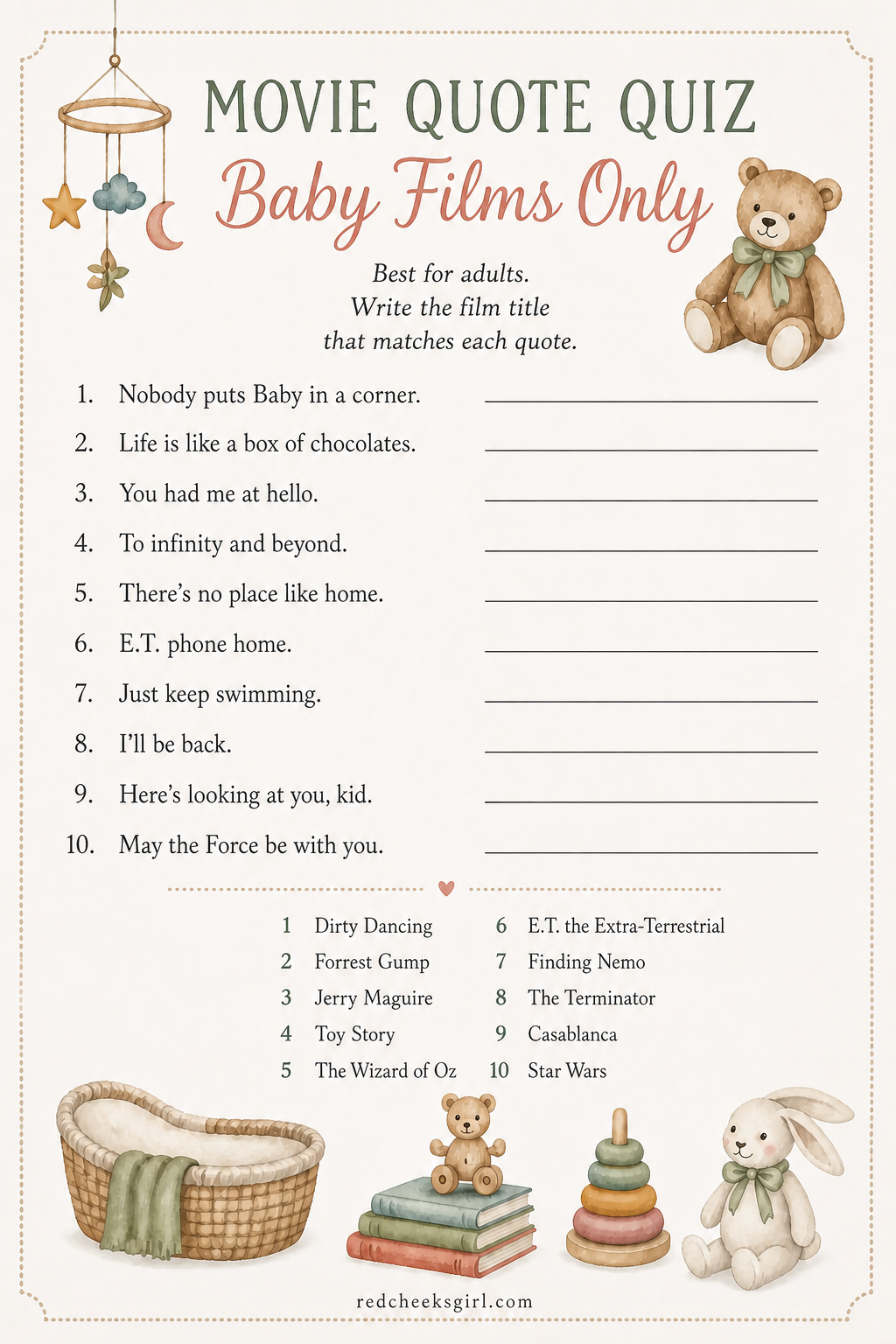 Movie Quote Quiz, Baby Films Only printable