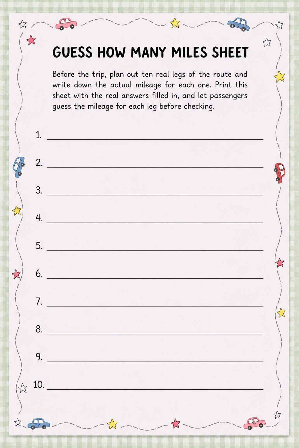Guess How Many Miles Sheet printable