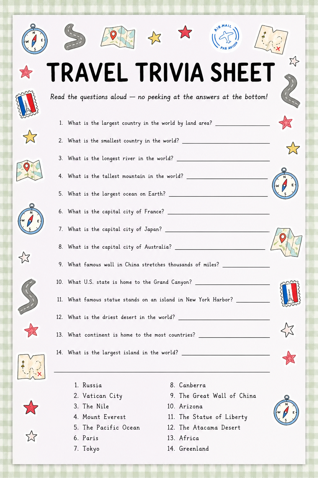 Travel Trivia Sheet printable