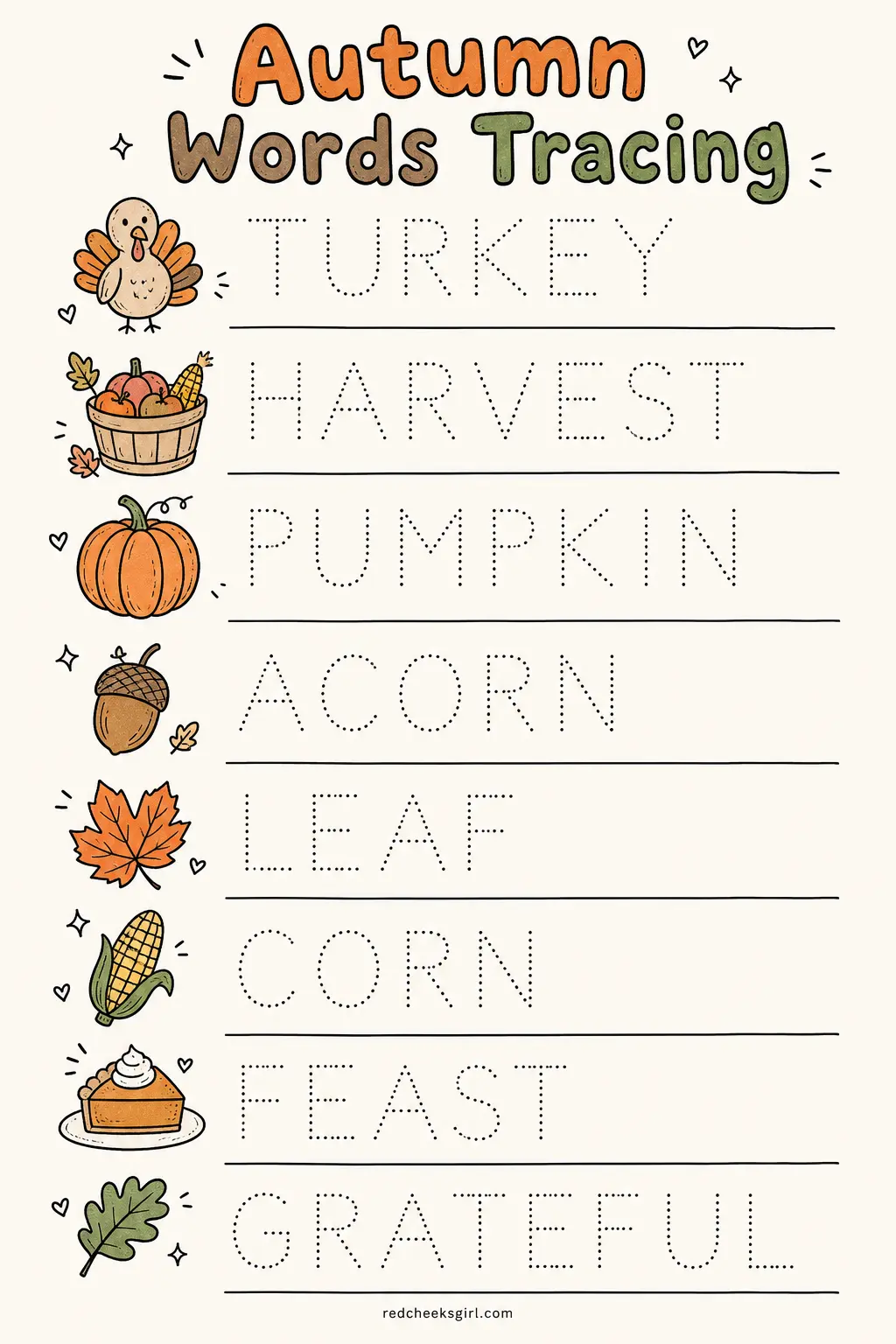 Autumn Words Tracing Sheet printable