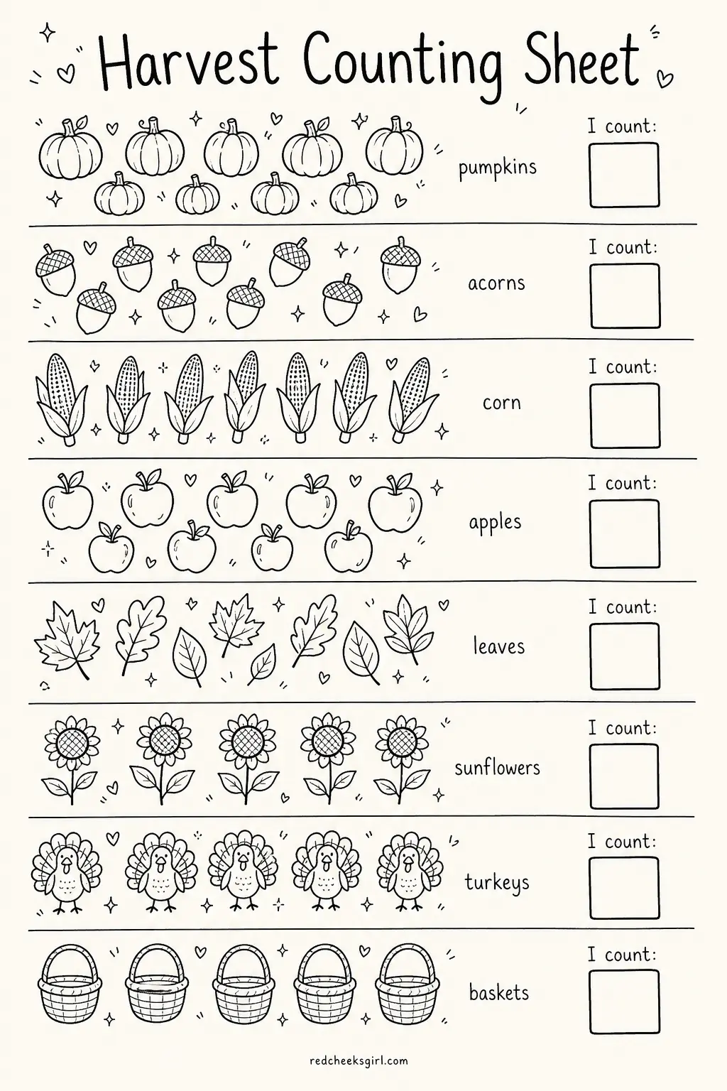 Harvest Counting Sheet printable