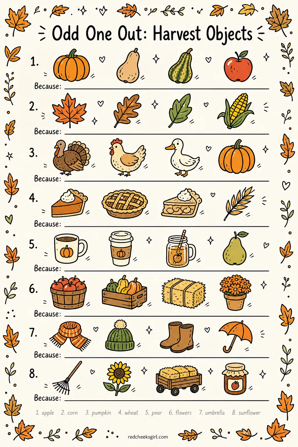 Odd One Out: Harvest Objects printable