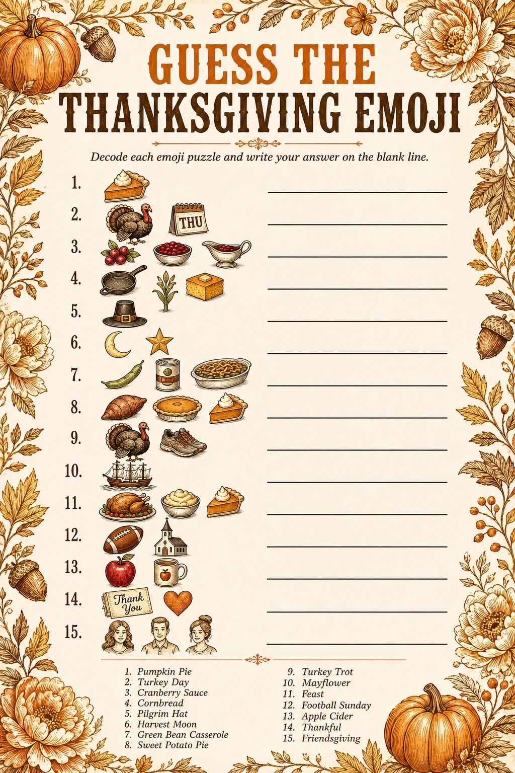 Guess the Thanksgiving Emoji printable