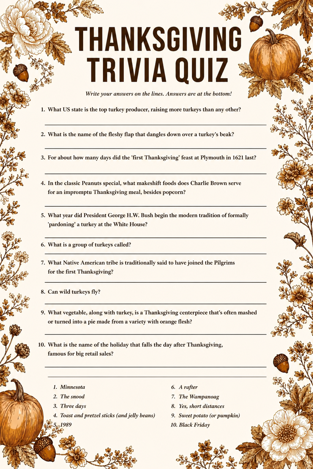 Thanksgiving Trivia Quiz printable