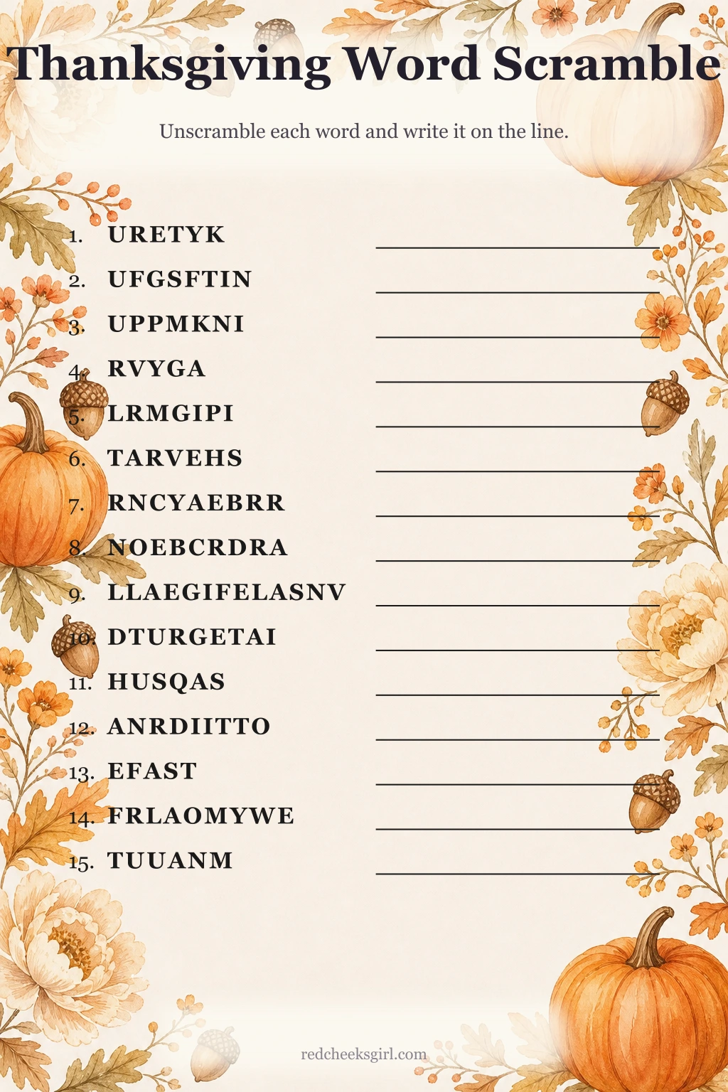 Thanksgiving Word Scramble printable