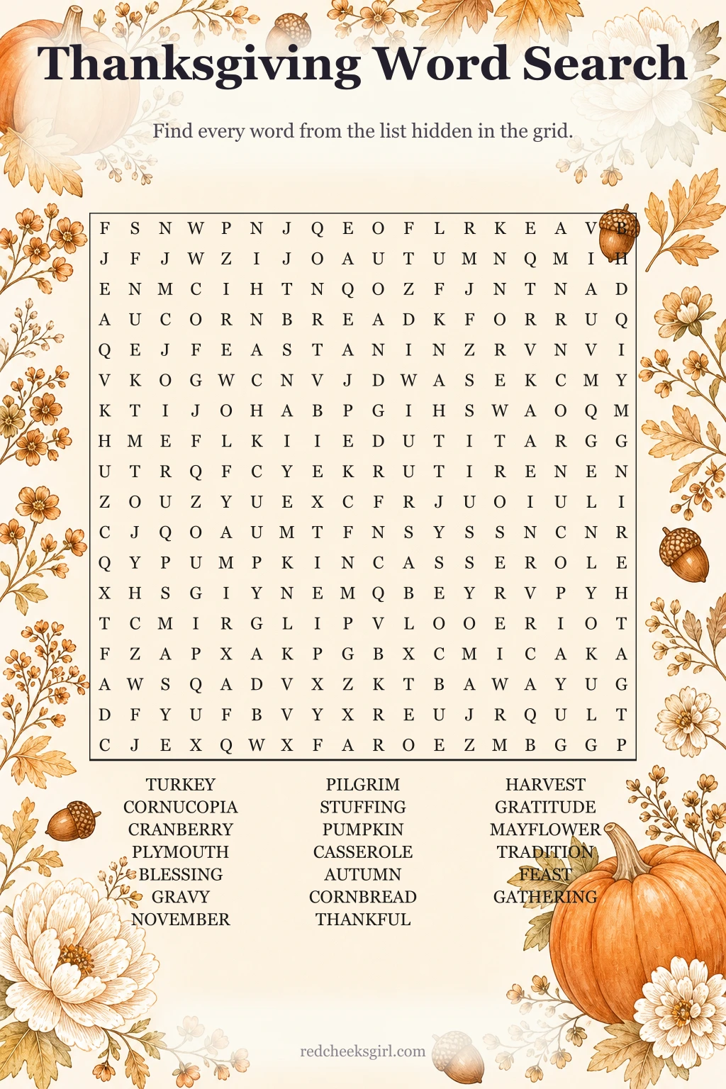 Thanksgiving Word Search printable