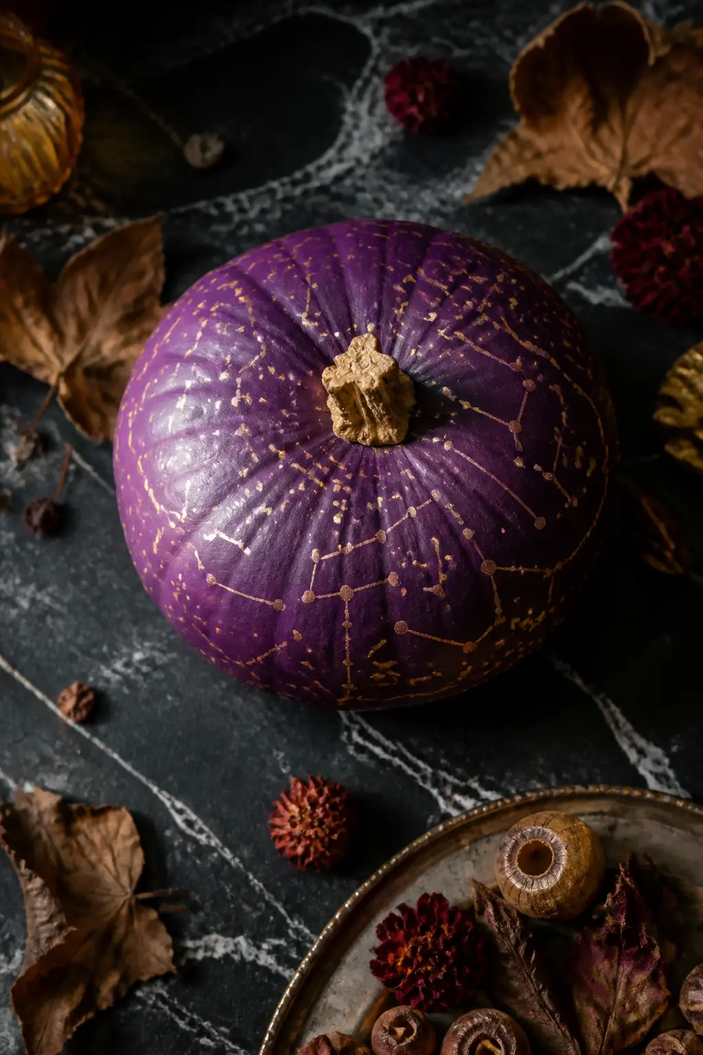 Aubergine With Gold Constellations Joined by Fine Lines — This is a denser and more elaborate version of the plum constellation entry. Purple painted pumpkin