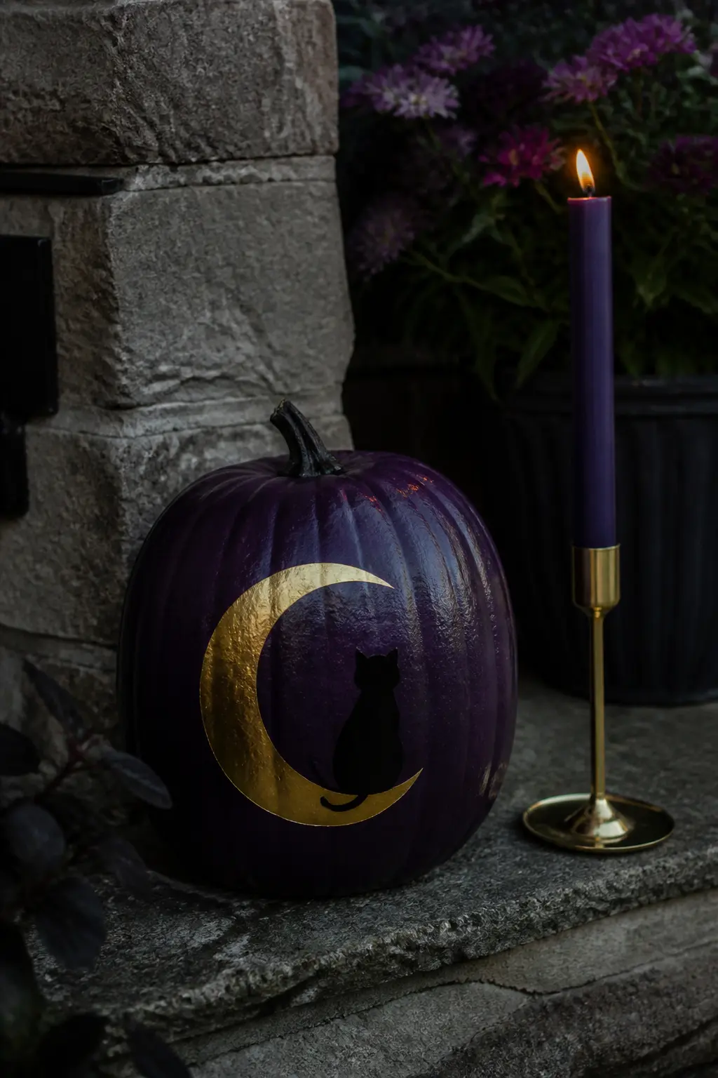 Aubergine With a Gold Crescent Moon and a Black Cat Sitting on It — The composition places the crescent moon in the lower half of the pumpkin face, curved